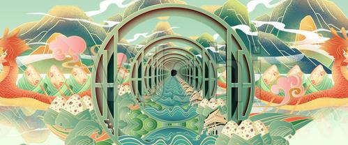 视频素材 舞台背景 场景背景 国潮风端午节赛龙舟吃粽子穿梭感大屏幕