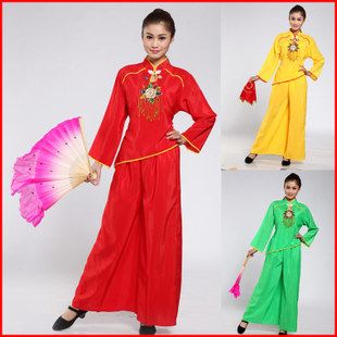 新款斜边长袖大裤脚秧歌舞蹈演出服装/广场舞腰鼓舞扇子舞服装358