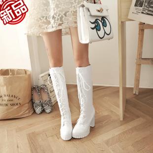 15秋冬新款女靴交叉绑带粗高跟防水台高筒靴白色马丁靴大码靴子