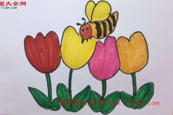 这幅彩色的蜜蜂和花朵简笔画图片是不是非常鲜艳好看呢?