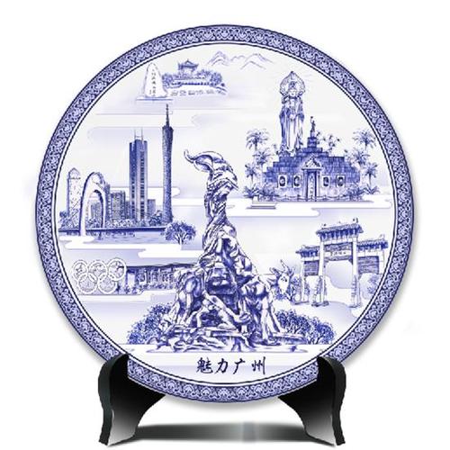 规  格:直径 255mm  说  明:羊城八景为设计主题,青花瓷为载体,将广州