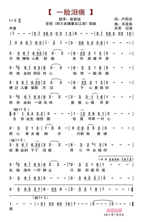 一脸泪痕 简谱