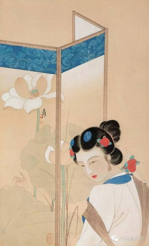 张大千 荷花屏风美女 1966年