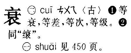 问答 2014-12-14 00:00 衰,拼音:shuāi cuī. 1,shuāi.