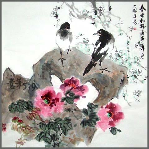 牡丹与白头翁鸟:"一路富贵","富贵白头"或"富贵姻缘".