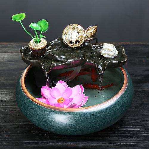 购客小型养鱼缸陶瓷流水器摆件风水招财盆景中式办公室家居加湿送礼