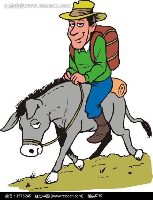 手绘骑着毛驴旅行的人