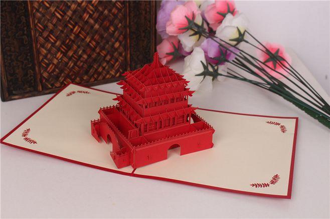 西安钟楼生日立体春节贺卡 旅游剪纸 中国风新年送客户商务卡片-淘宝