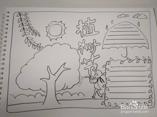 在手抄报的右下角画树枝围绕的方形边框,在边框内画横线,书写文字.