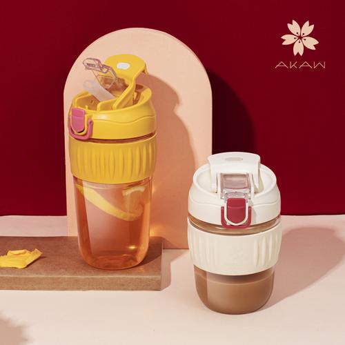 日本akaw玻璃杯水杯女夏季便携简约带吸管奶茶杯网红双饮咖啡杯子视频