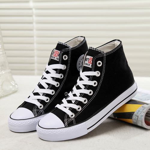 人本经典款帆布鞋女春白色学生简约高帮鞋韩版潮平跟系带小白鞋女