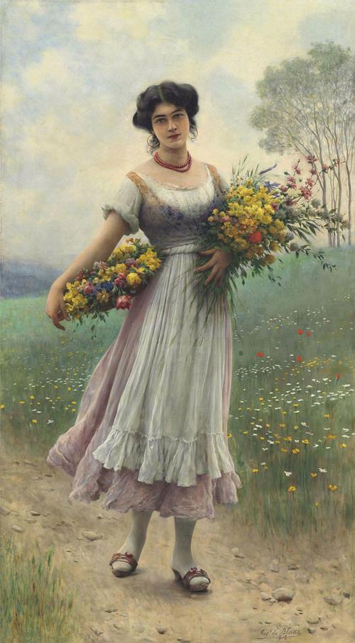 捧鲜花的贵族女人油画图片下载,人物油画,世界名画,欧洲复古人物装饰