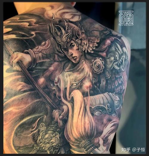 石家庄纹身子恒刺青 新传统满背作品 常山赵子龙.赵云纹身