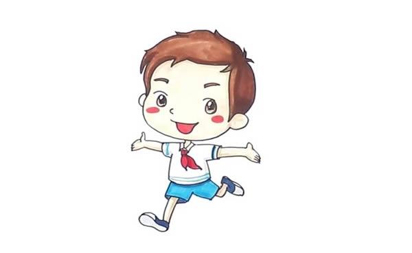 步骤二:向下画出细细的脖子和衣领,画出红领巾,接着画上衣的轮廓,画出