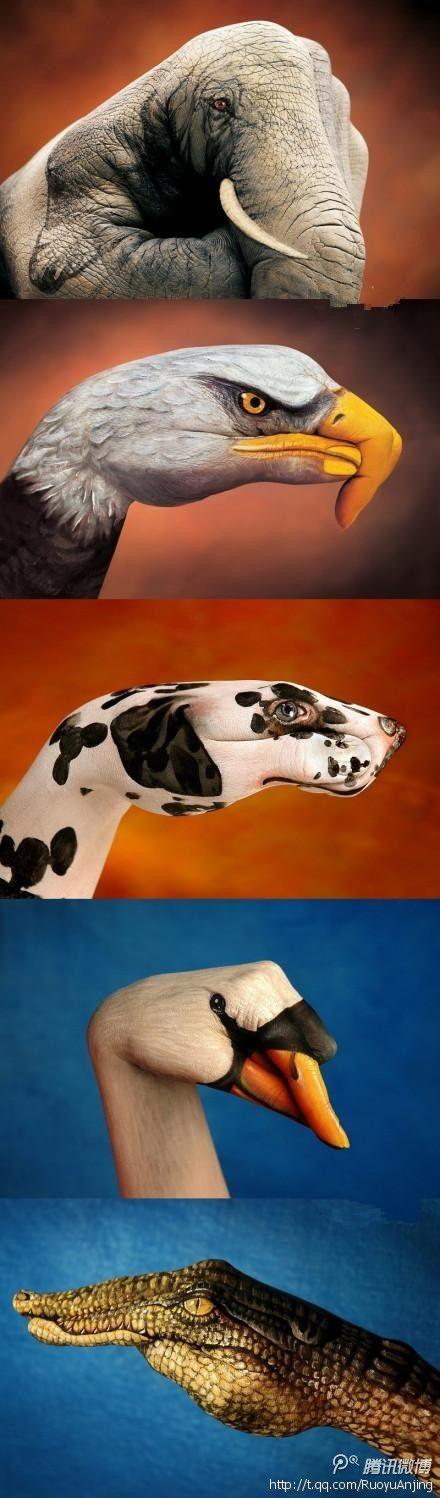 【创意"绘手"】这些基于手的形状作得画很形象啊!自娱自乐有木有