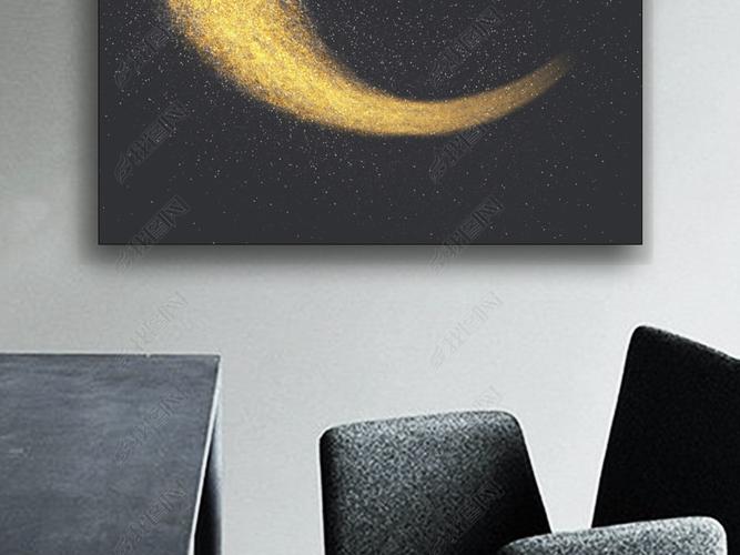 原创弯弯的月亮在夜空金色月牙抽象黑底装饰画版权可商用