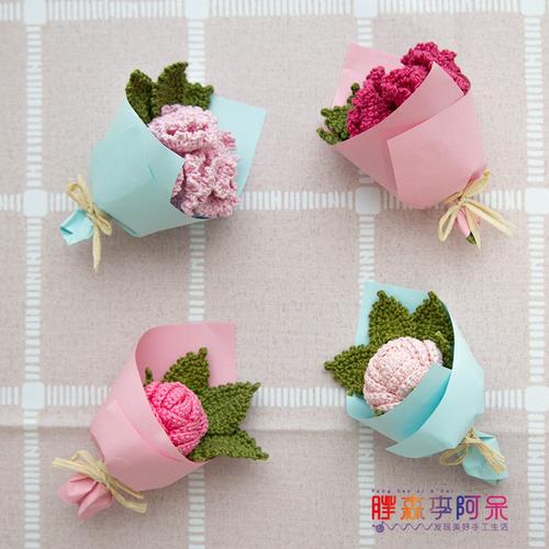 胖森李阿呆七夕教师节手工diy编织礼物钩针玫瑰康乃馨捧花材料包