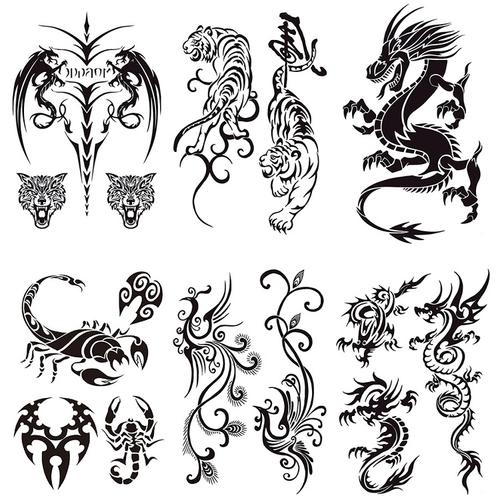 纯黑线条龙老虎凤凰蝎子大图案水转印纹身贴防水男女胸口手臂贴画