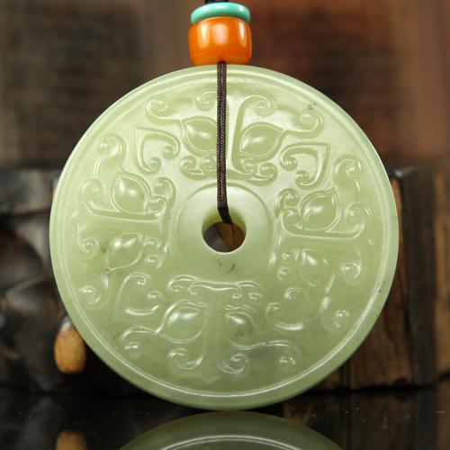 正品天然新疆和田玉黄玉黄口料玉牌吊坠仿古牛头璧圆形玉佩挂件