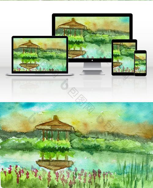 夏日清新水彩亭子手绘背景素材风景