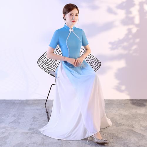 2021新式改良长款正宗越南奥黛旗袍走秀民族风演出服渐变色连衣裙
