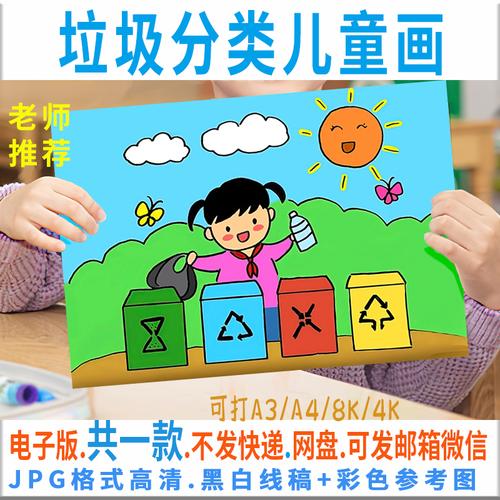 垃圾分类儿童画电子模板小学生爱护环境环保绘画设计
