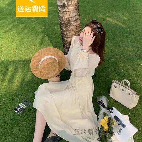 蓝欲小清新雪纺绿色连衣裙女2021早秋款法式甜美温柔风挂脖仙女裙长袖