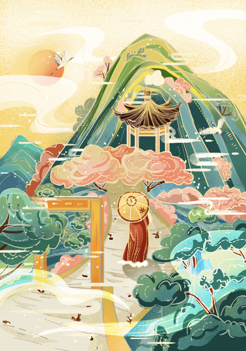 ps-国潮山水风景插画