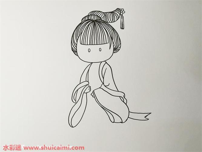 1,首先要画出古装人物的发型,用线条表现出头发的纹理后,在发髻处画