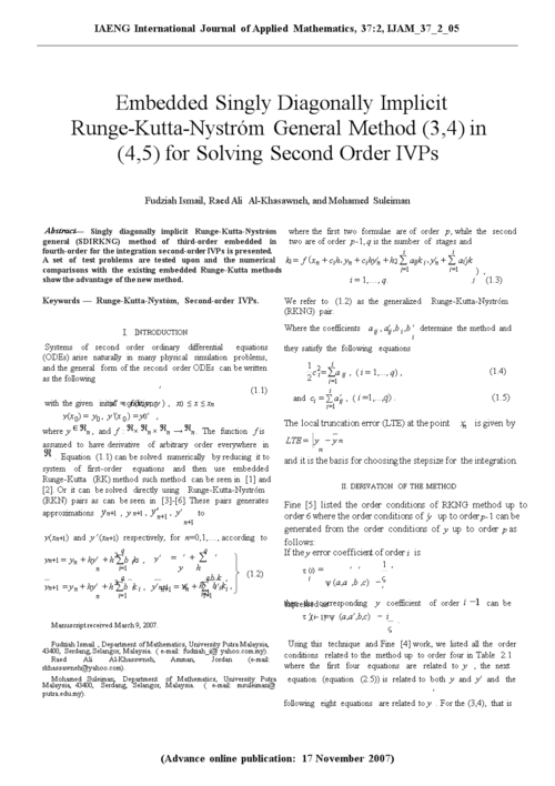 embedded singly diagonally implicit runge-kutta-nystrom general