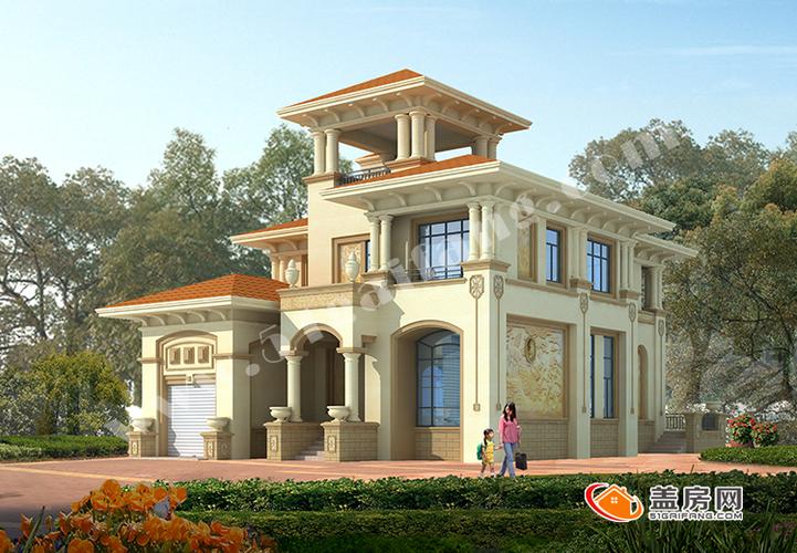 欧式独栋豪华别墅户型设计图及效果图,二层带屋顶凉亭