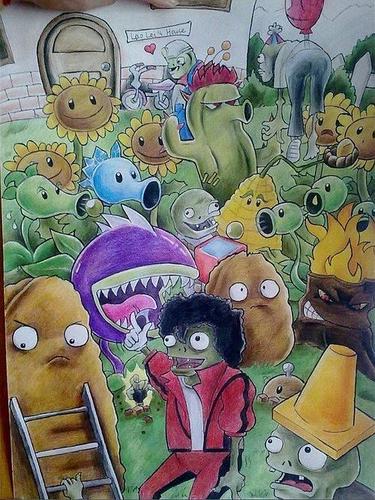 发一个曾经用彩铅画的植物大战僵尸.