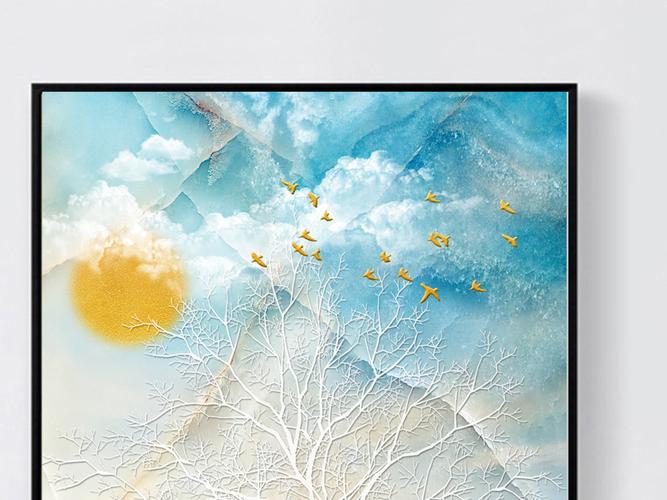 新中式现代简约抽象山水麋鹿飞鸟装饰画
