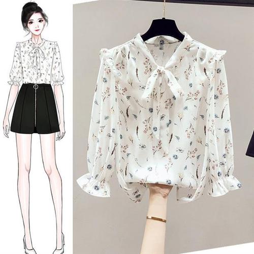 碎花雪纺上衣女2021新款小众设计感衬衫女五分袖薄款