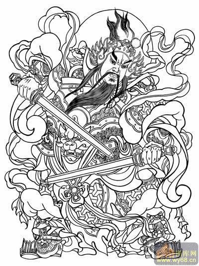 中国传统神话人物仙人-白描图-门神秦琼-神话人物仙人