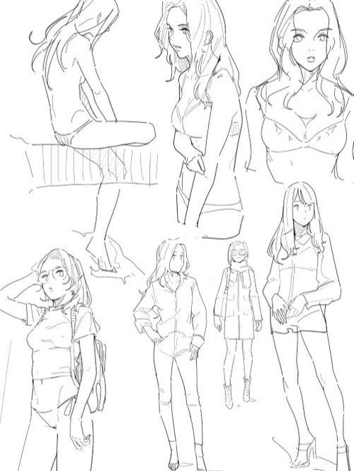 【线稿参考】女生人体临摹练习素材_临摹_素材_线稿_集福咖啡 gif