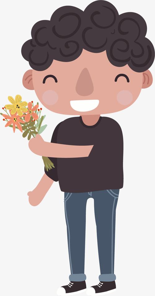 矢量图拿花的卷发男孩
