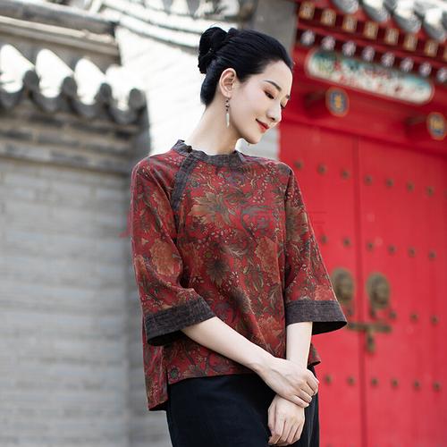 索特西女王轻奢中式复古真丝香云纱上衣宽松国风潮唐装女上衣茶服汉服