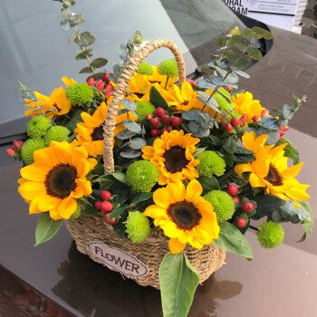 韩式混搭手提花篮抱抱桶向日葵洋桔梗泡泡绣球花束重庆鲜花速递 同城