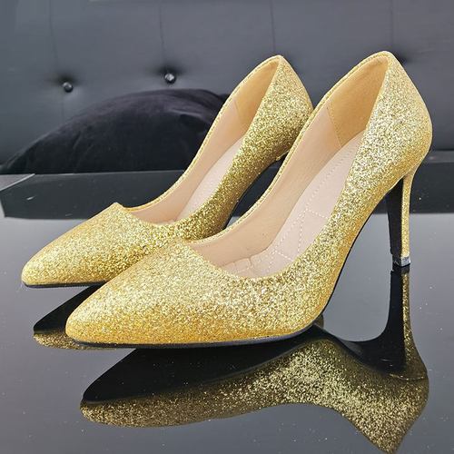 清仓金色婚鞋高跟新娘鞋婚纱黄色伴娘鞋舞会演出亮片女粗跟主持鞋