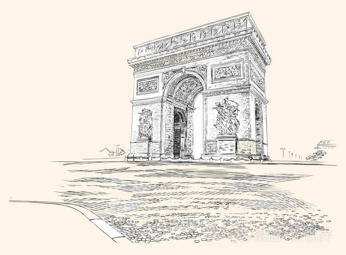 电弧巴黎凯旋门法国,手绘图.矢量图