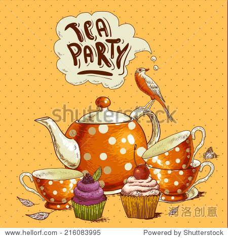 tea party invitation card with a cups cupcake bird and pot