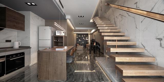 心情愉悦;次卧利用悬挑楼梯尽头制作落地窗户的方式解决了采光问题