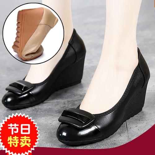 春夏秋圆头高跟鞋真皮女士单鞋防滑坡跟工作鞋黑皮鞋职业上班鞋34