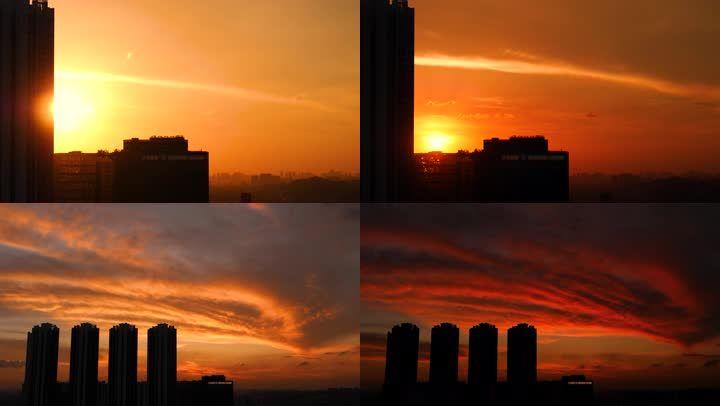 傍晚城市晚霞火烧云4k延时摄影视频素材