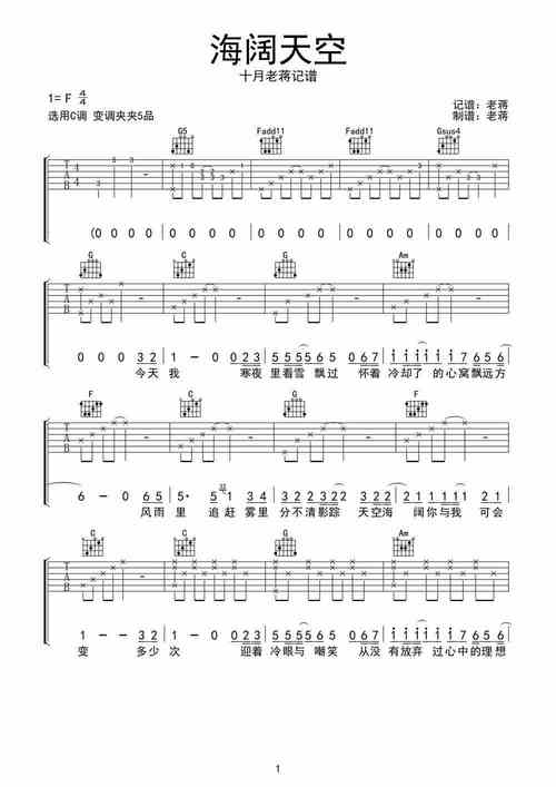 beyond海阔天空吉他谱c调高清版弹唱谱