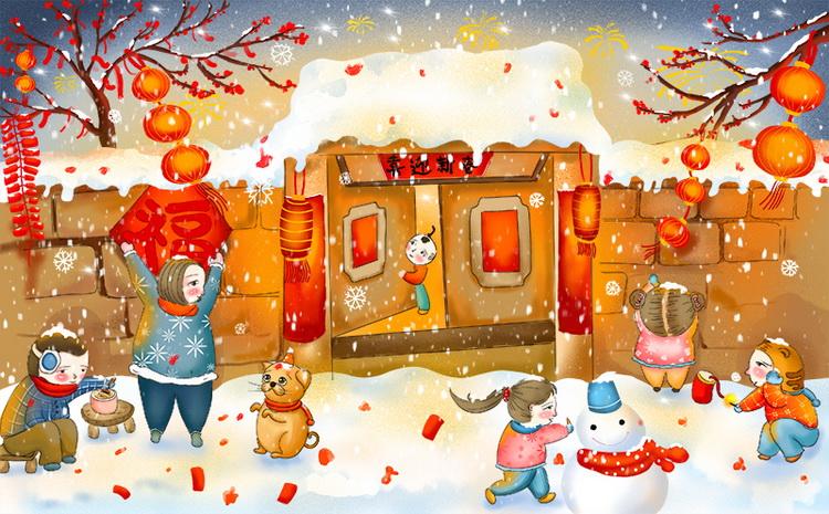 中国风手绘水彩过年场景插画背景春节团圆年味psd新年ps设计素材