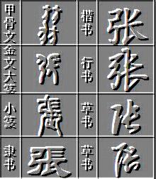 张字的甲骨文,隶书,金文,行书,草书