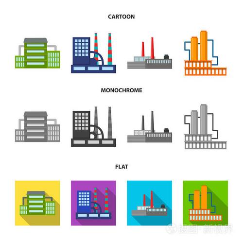 工业,生产.工厂集合图标在卡通, 平面, 单色的矢量符号股票插画网站