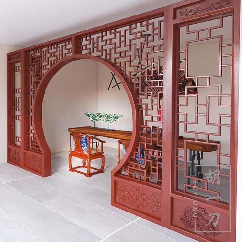 东阳胡一刀木雕天然原木新中式镂空花格屏风隔断月亮门月洞门定制